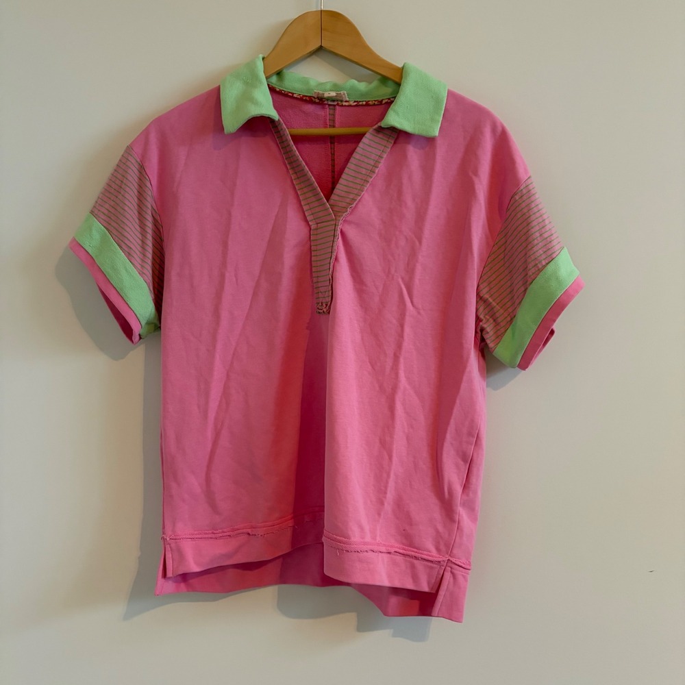 Umgee USA Pink Mint Green Striped Trim V-Neck Polo Top K8767 Small